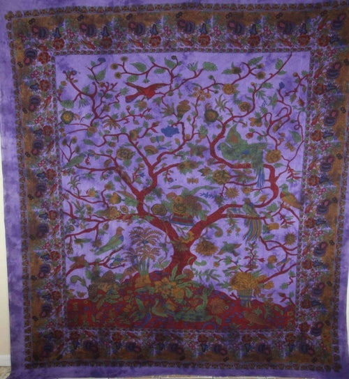 Violet Tree of Life Birds tapestry by Silver Hestia, vibrant home decor featuring a detailed tree and bird design.
