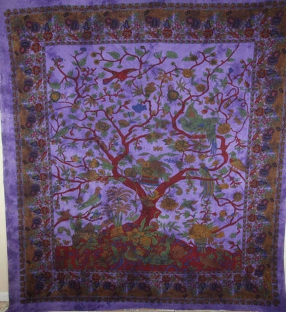 Violet Tree of Life Birds tapestry by Silver Hestia, vibrant home decor featuring a detailed tree and bird design.