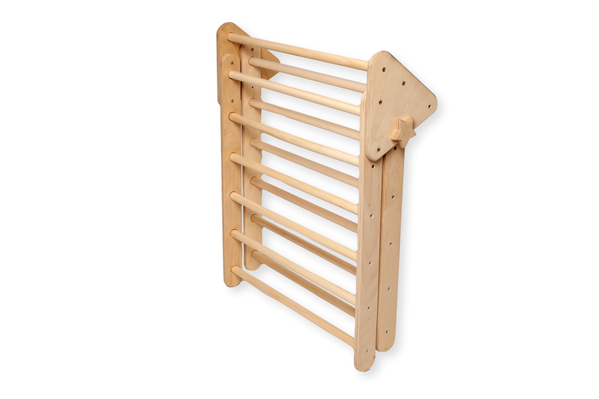 Red Oceanus Montessori Triangle Climber Set in three sizes, showcasing wooden furniture designed for children&