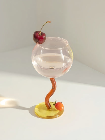 Handblown bubble wine glass with wavy stem, retro whimsical design, perfect as eclectic home decor piece by Inspecial Home