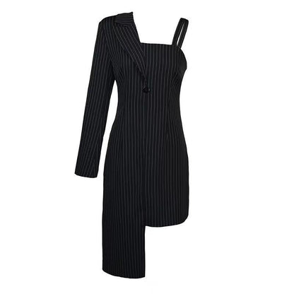 Azure Thanatos Juliette Pinstripe Blazer Dress displayed on a mannequin, featuring a tailored fit with classic pinstripe pattern.