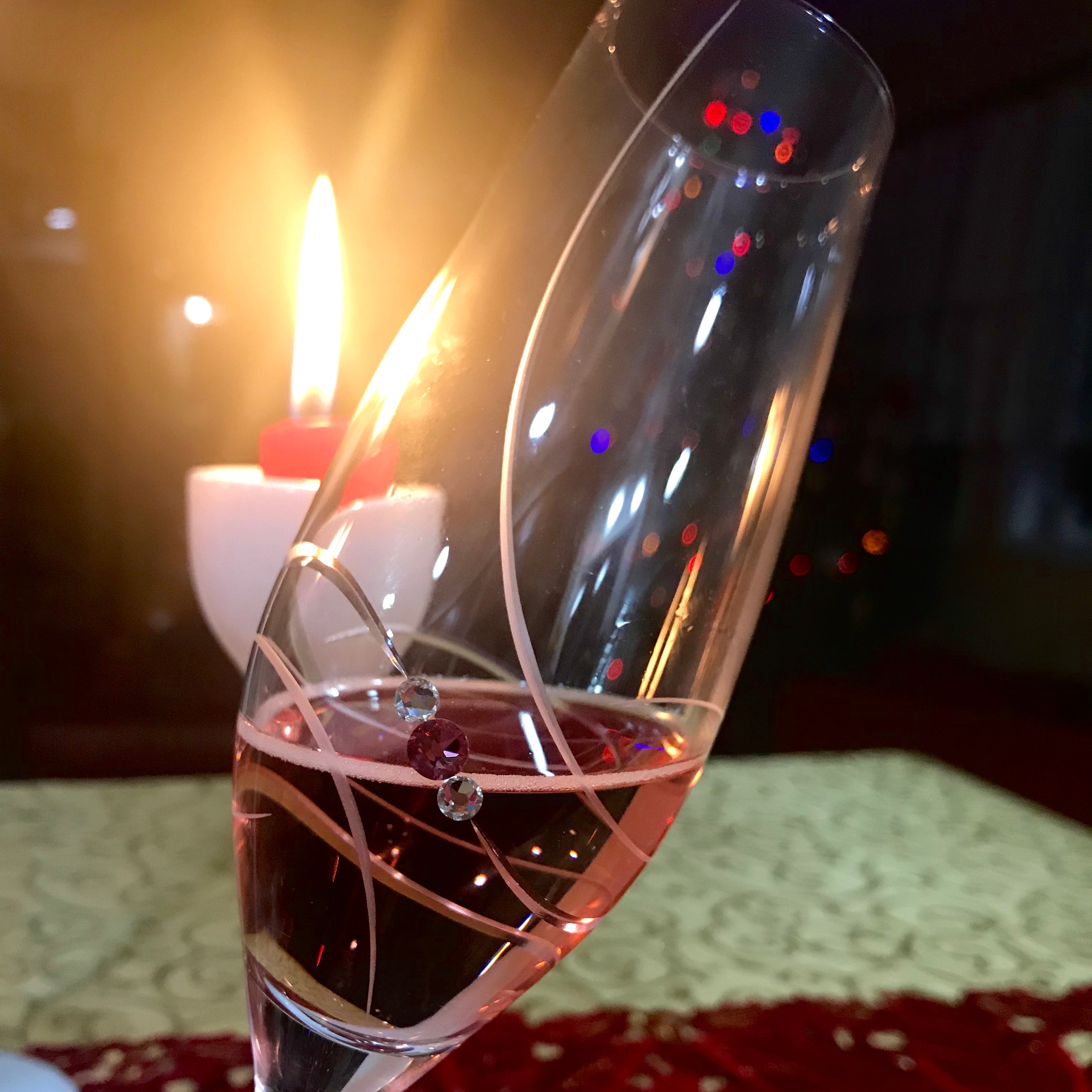 Set of two Pink Ribbon champagne glasses by Crimson Shadow, elegant drinkware in a gift box, perfect for celebrations.