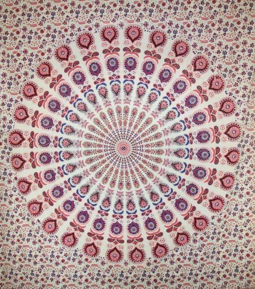 Colorful Peacock Feathers Mandala tapestry by Silver Hestia, featuring intricate feather and mandala patterns for home decor.