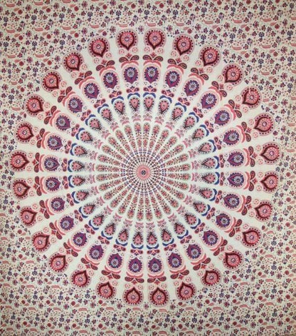 Colorful Peacock Feathers Mandala tapestry by Silver Hestia, featuring intricate feather and mandala patterns for home decor.
