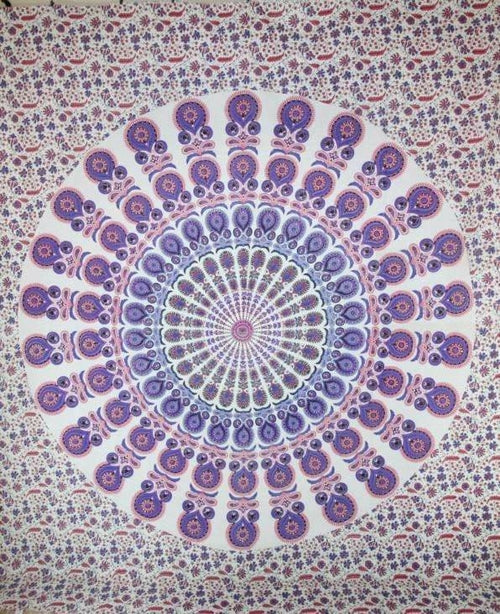 Peacock feathers mandala tapestry by Silver Hestia, vibrant home decor wall hanging with intricate feather and mandala design.