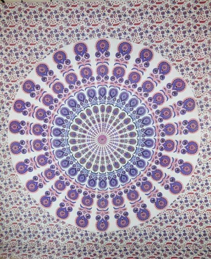 Peacock feathers mandala tapestry by Silver Hestia, vibrant home decor wall hanging with intricate feather and mandala design.