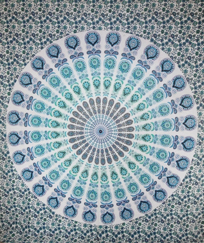 Peacock feathers mandala tapestry from Silver Hestia, featuring vibrant feather patterns and intricate mandala design for home decor.