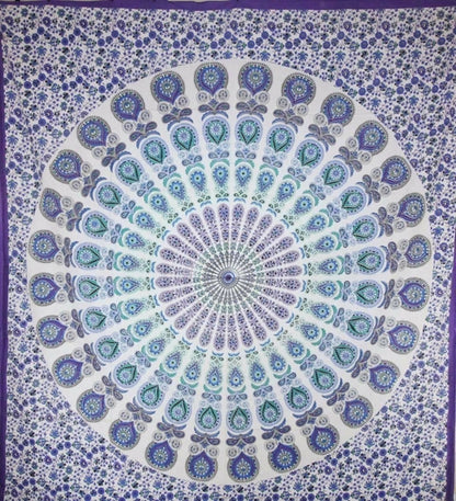 Colorful peacock feathers mandala tapestry by Silver Hestia featuring vibrant feather patterns for home decor.