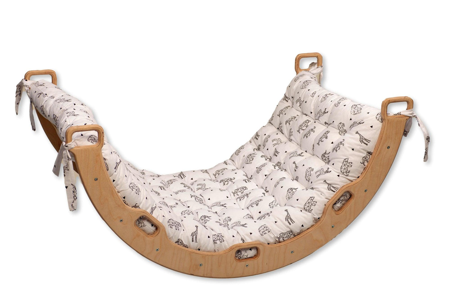Red Oceanus climbing arch with origami pattern pillow, modern furniture piece for play and relaxation, featuring colorful geometric design.
