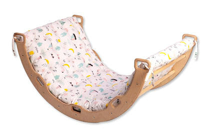Colorful flamingo-patterned climbing arch rocker with cushioned pillow, designed for children&