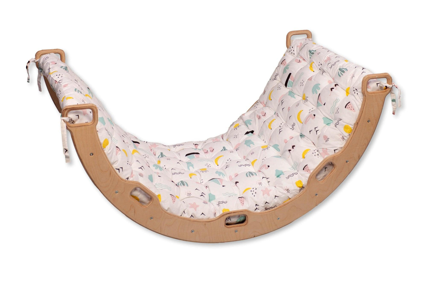 Red Oceanus climbing arch with flamingo patterned pillow, a colorful furniture piece designed for playful indoor decor.