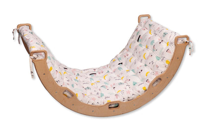 Red Oceanus climbing arch with flamingo patterned pillow, a colorful furniture piece designed for playful indoor decor.