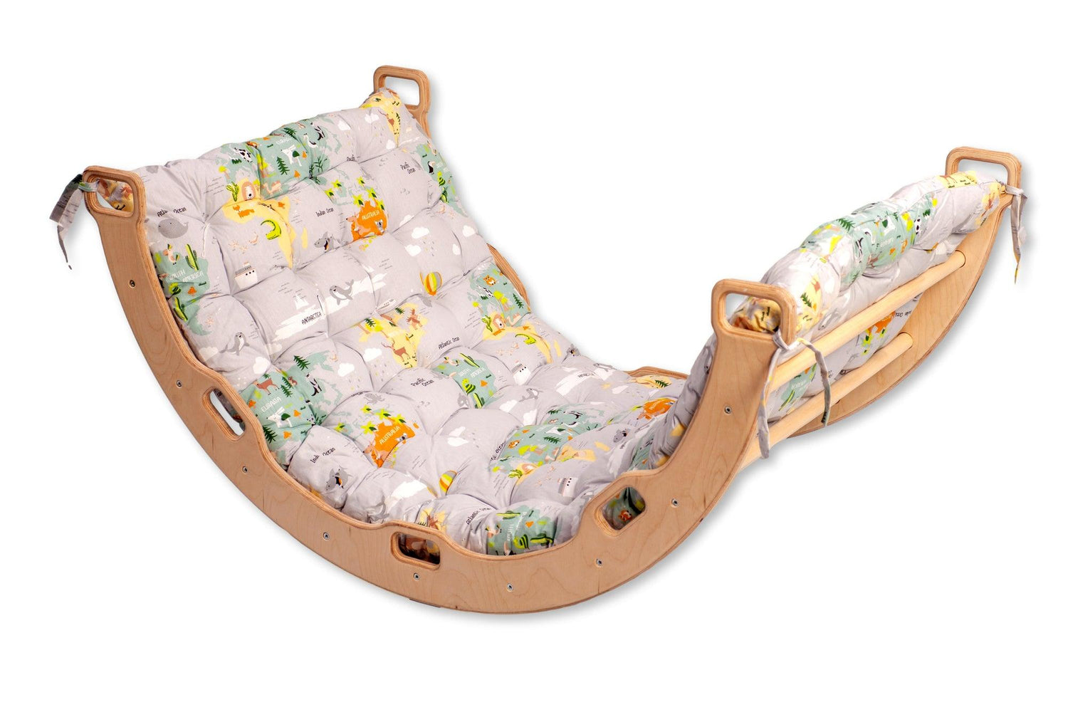 Red Oceanus climbing arch with map pattern pillow, a versatile rock climbing-inspired furniture piece featuring colorful fabric and sturdy structure.