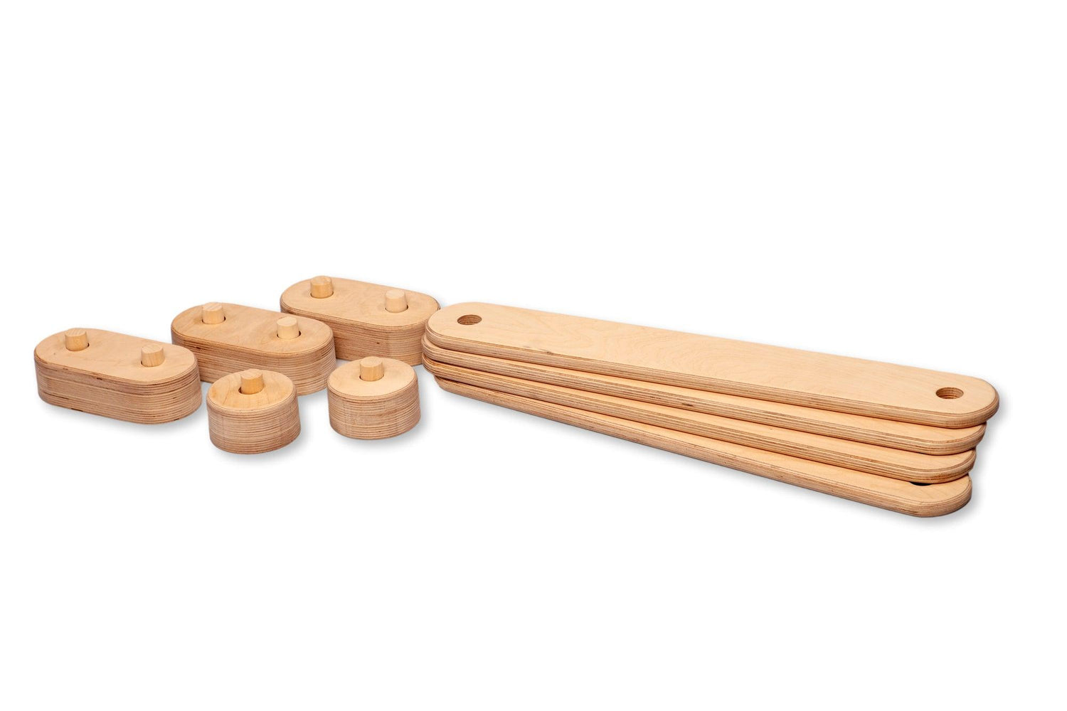 Red Oceanus circular wooden balance beam set for furniture, showing a smooth, round wooden surface and sturdy construction.