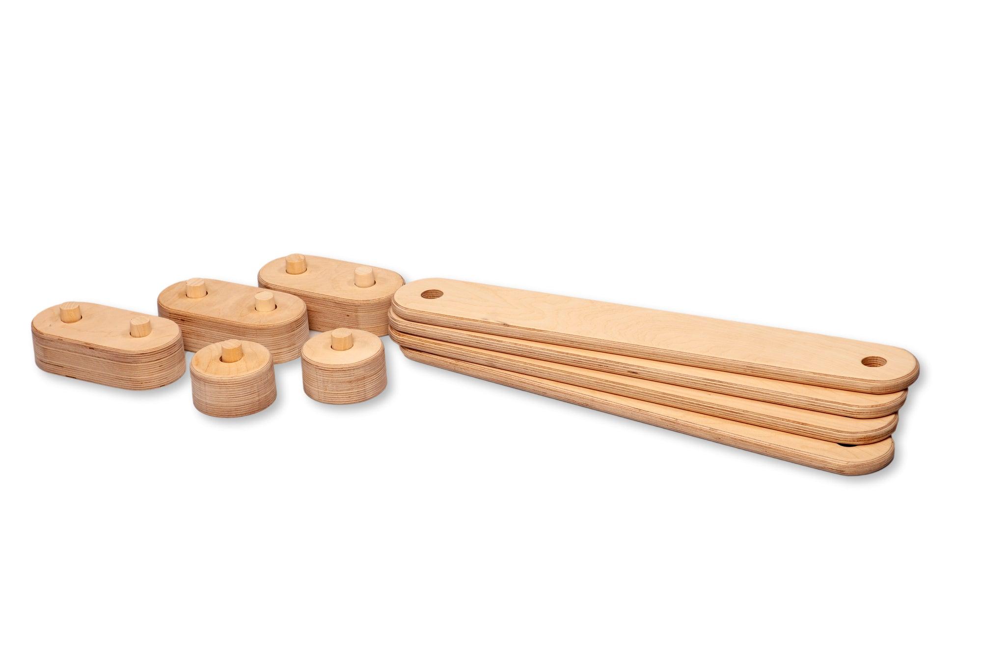 Red Oceanus circular wooden balance beam set for furniture, showing a smooth, round wooden surface and sturdy construction.