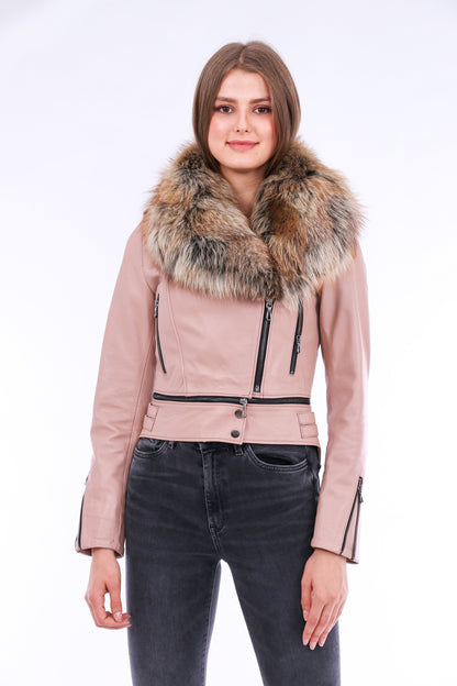 Pink leather biker jacket by Sangria Iapetus, featuring classic design with lapels and silver hardware, styled for a bold look.