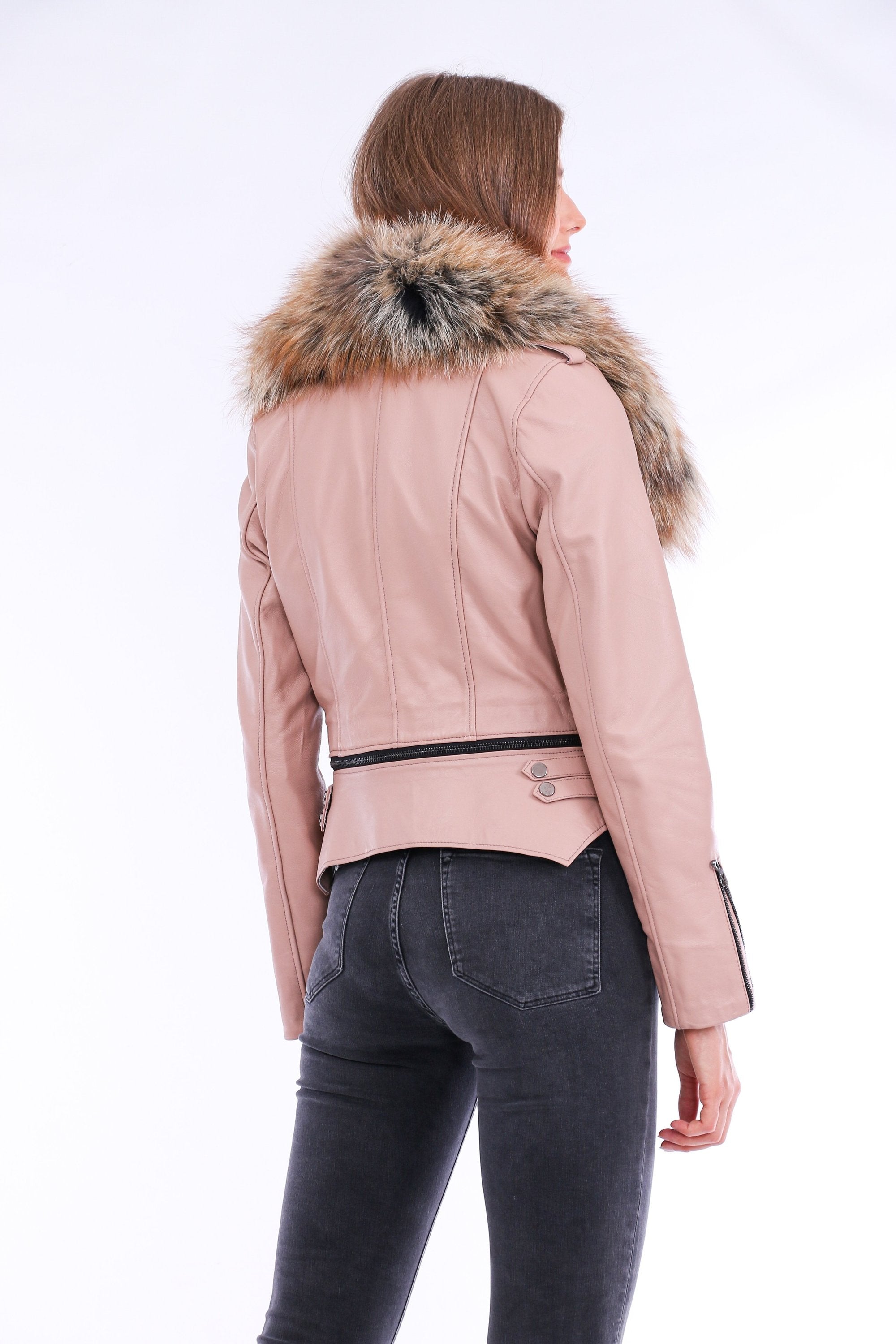 Pink leather biker jacket by Sangria Iapetus, featuring classic design with metal zipper details and stylish lapel collar.