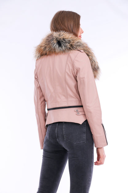 Pink leather biker jacket by Sangria Iapetus, featuring classic design with metal zipper details and stylish lapel collar.