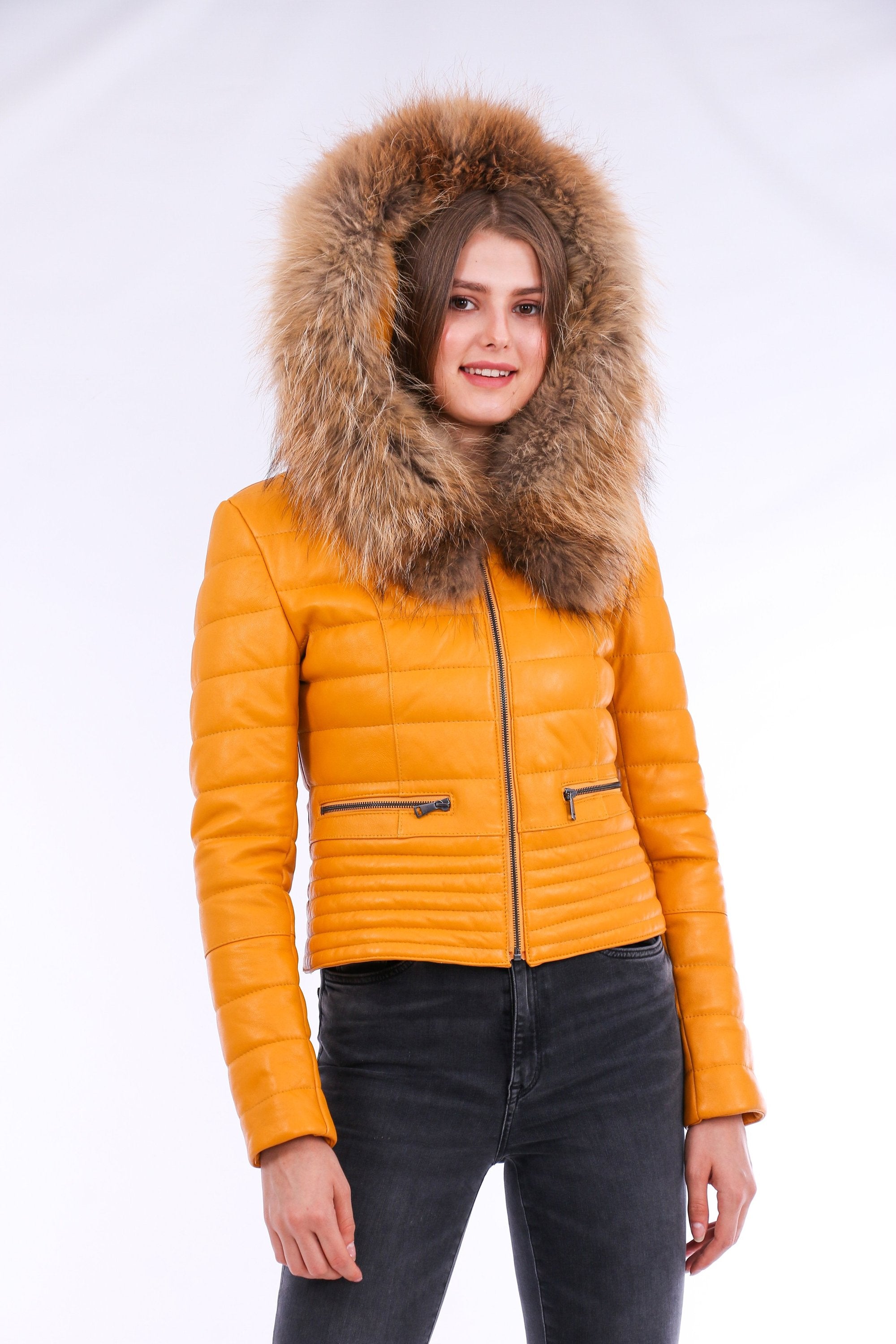 Sangria Iapetus Anoraq quilted leather jacket with a fitted design and detailed stitching, displayed on a hanger.