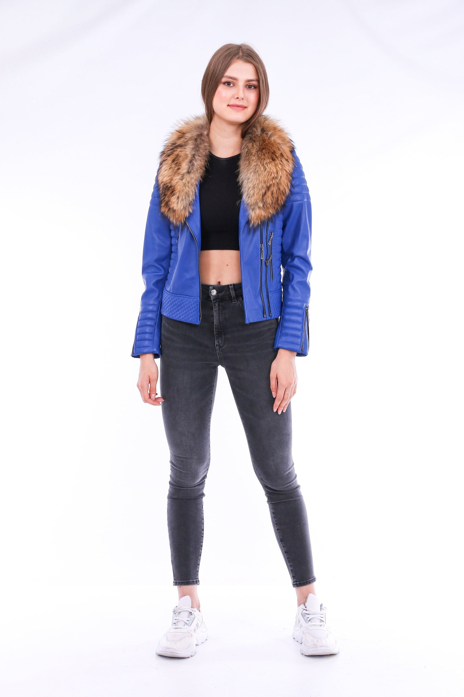 Blue Milani quilted leather biker jacket by Sangria Iapetus, featuring a stylish quilted design and classic motorcycle style.