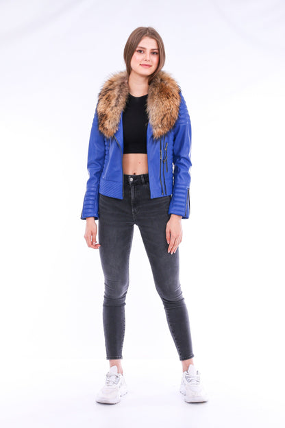 Blue Milani quilted leather biker jacket by Sangria Iapetus, featuring a stylish quilted design and classic motorcycle style.