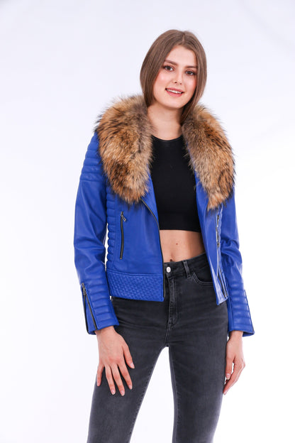 Blue Milani quilted leather biker jacket by Sangria Iapetus, featuring a stylish quilted design and classic biker silhouette.