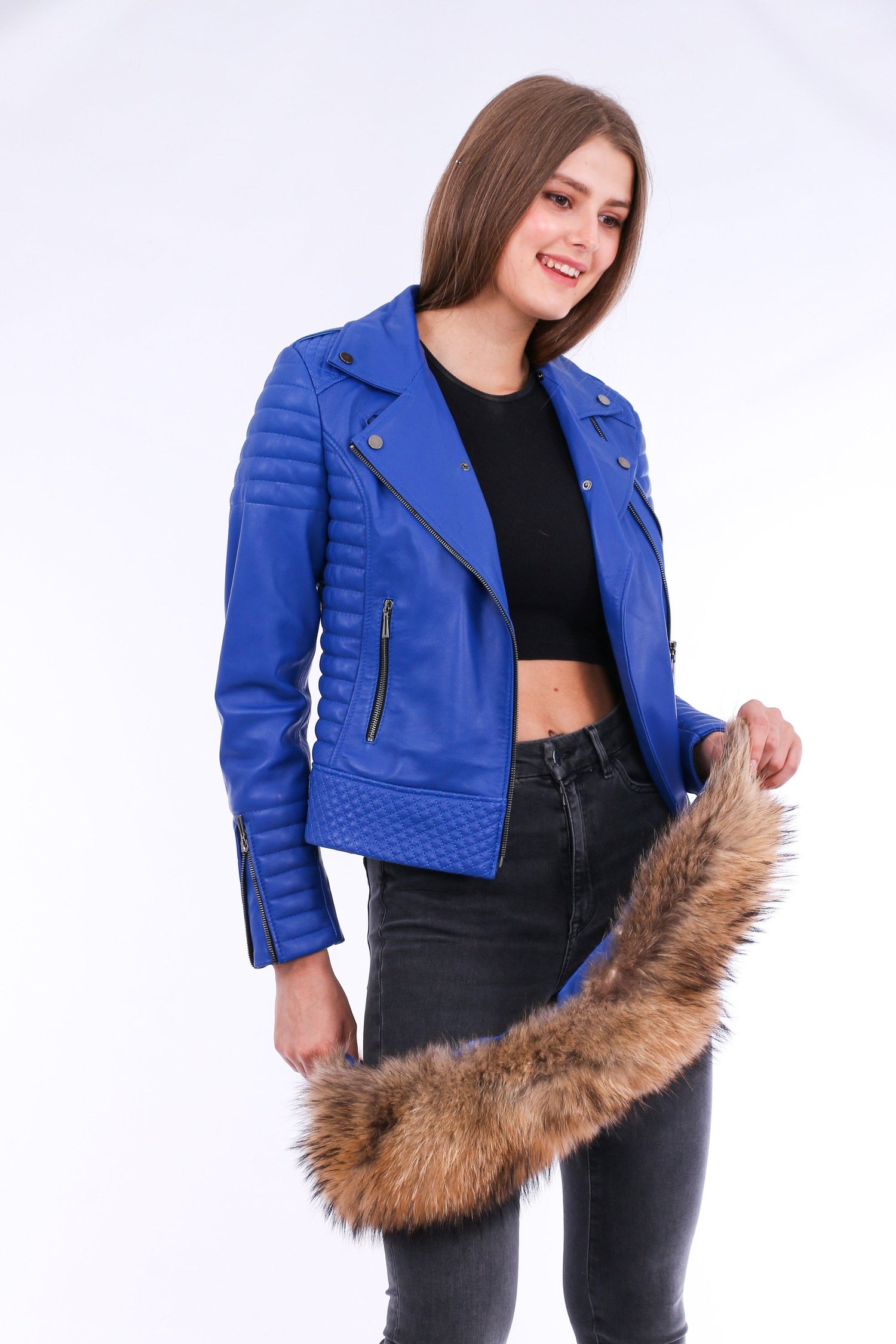 Blue Milani quilted leather biker jacket from Sangria Iapetus, featuring a stylish quilted design and classic biker silhouette.
