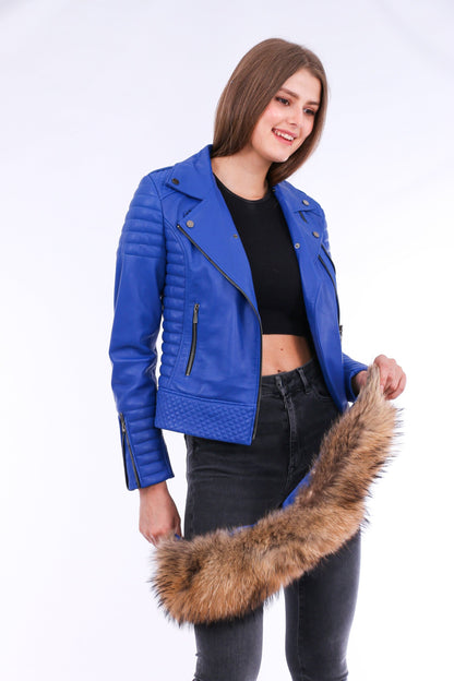 Blue Milani quilted leather biker jacket from Sangria Iapetus, featuring a stylish quilted design and classic biker silhouette.