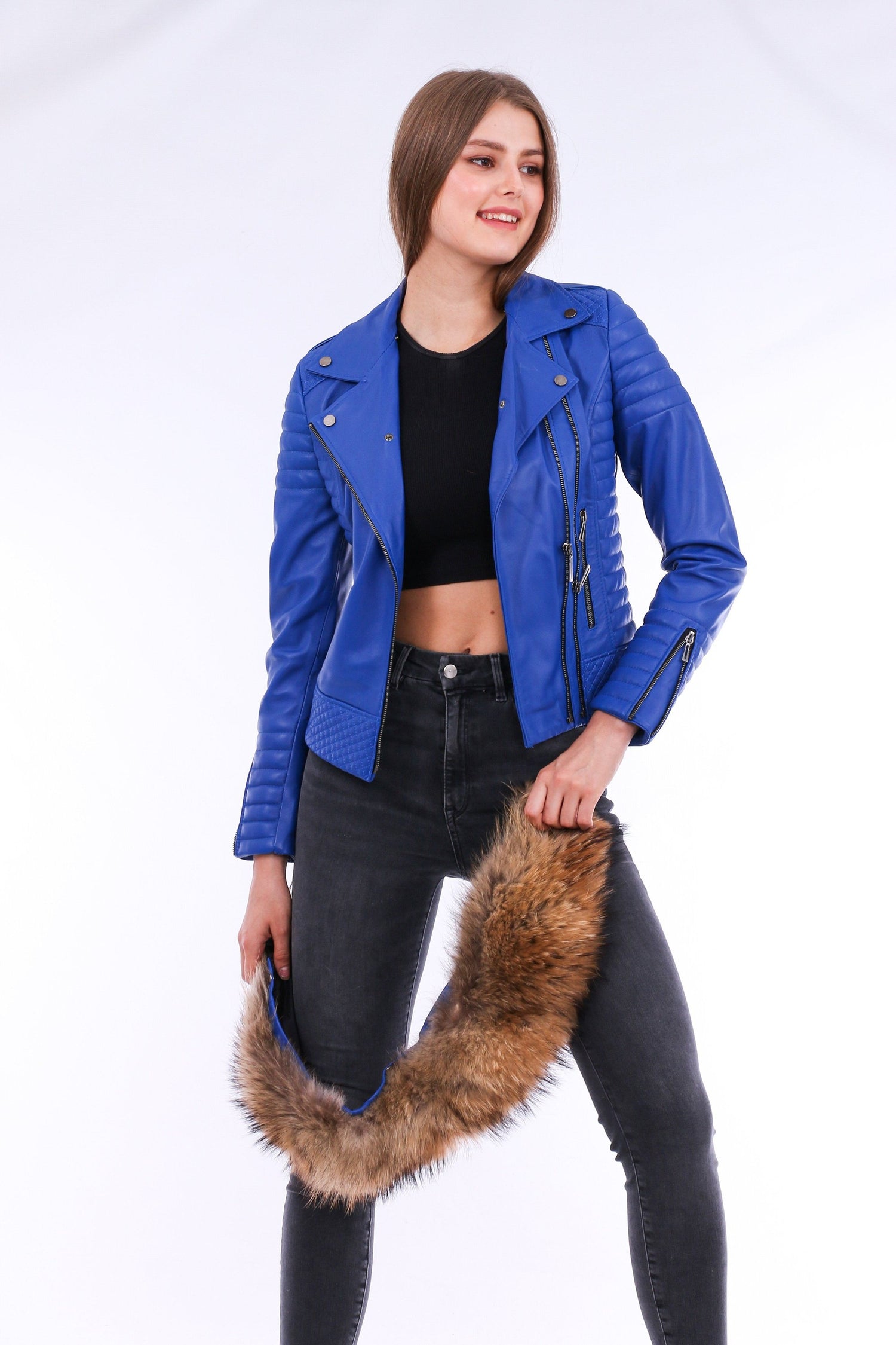 Blue Milani quilted leather biker jacket by Sangria Iapetus, featuring quilted details and classic biker style.