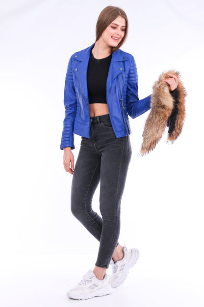 Blue Milani quilted leather biker jacket by Sangria Iapetus, featuring quilted panels and a classic moto style.