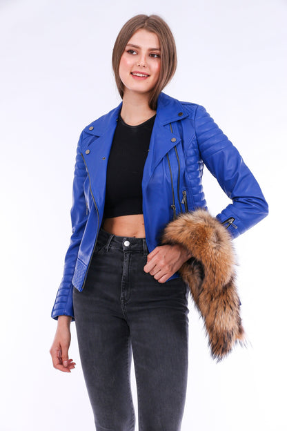 Blue Milani Quilted Leather Biker Jacket by Sangria Iapetus, featuring quilted details and classic biker style.