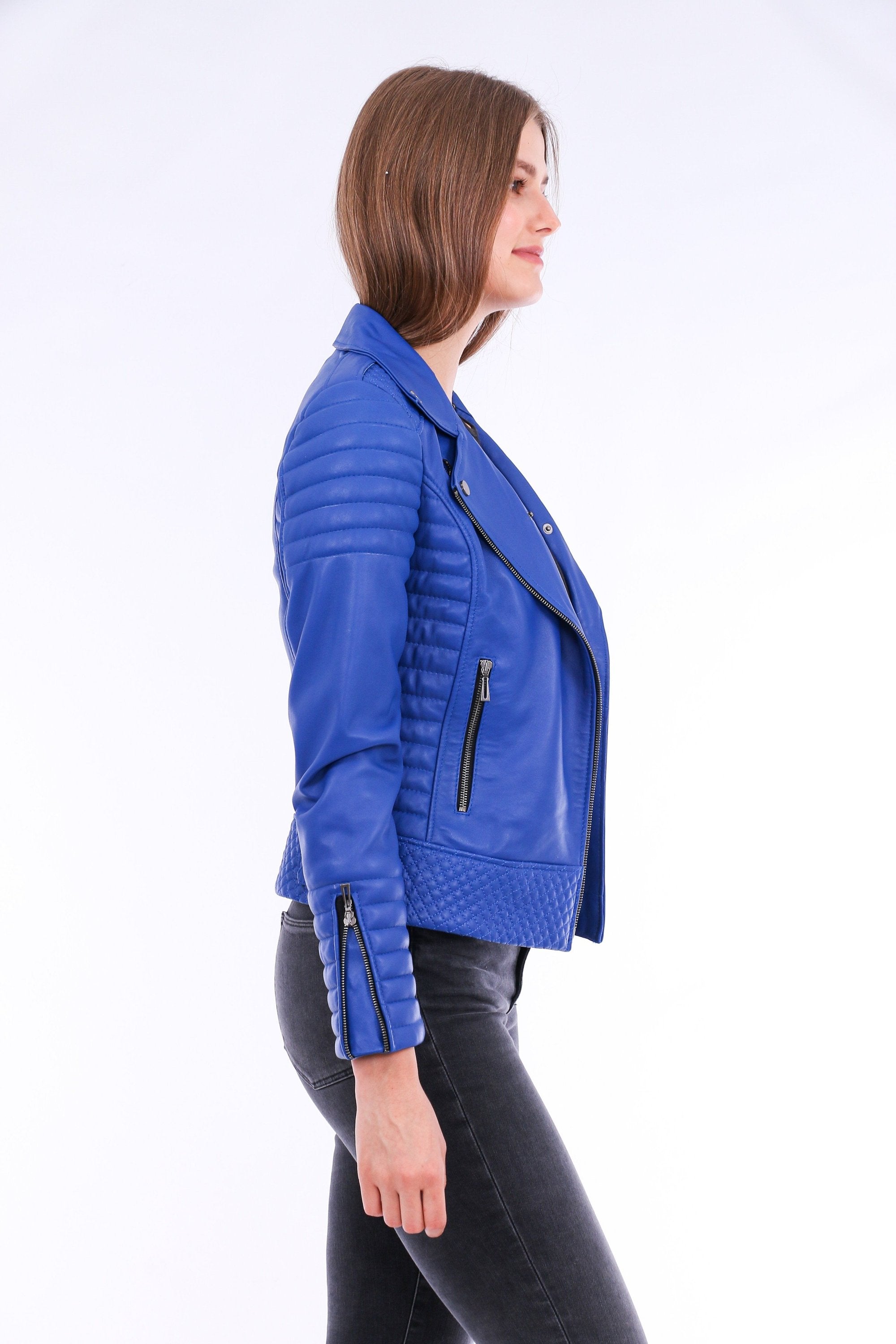 Blue Milani Quilted Leather Biker Jacket by Sangria Iapetus, showing the quilted details and classic biker style.