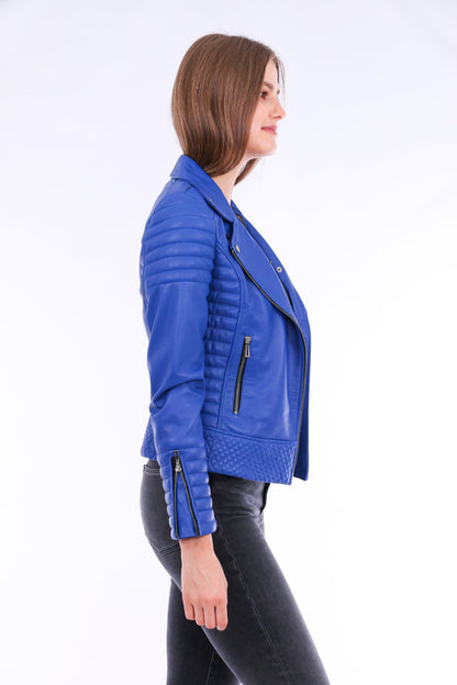 Blue Milani Quilted Leather Biker Jacket by Sangria Iapetus, showing the quilted details and classic biker style.