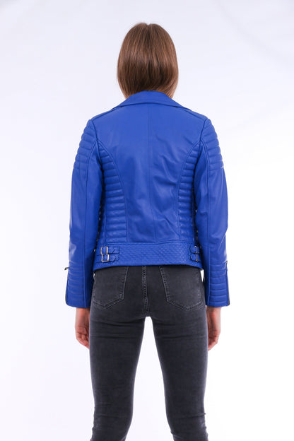 Blue Milani quilted leather biker jacket by Sangria Iapetus, featuring padded quilting and classic biker design.
