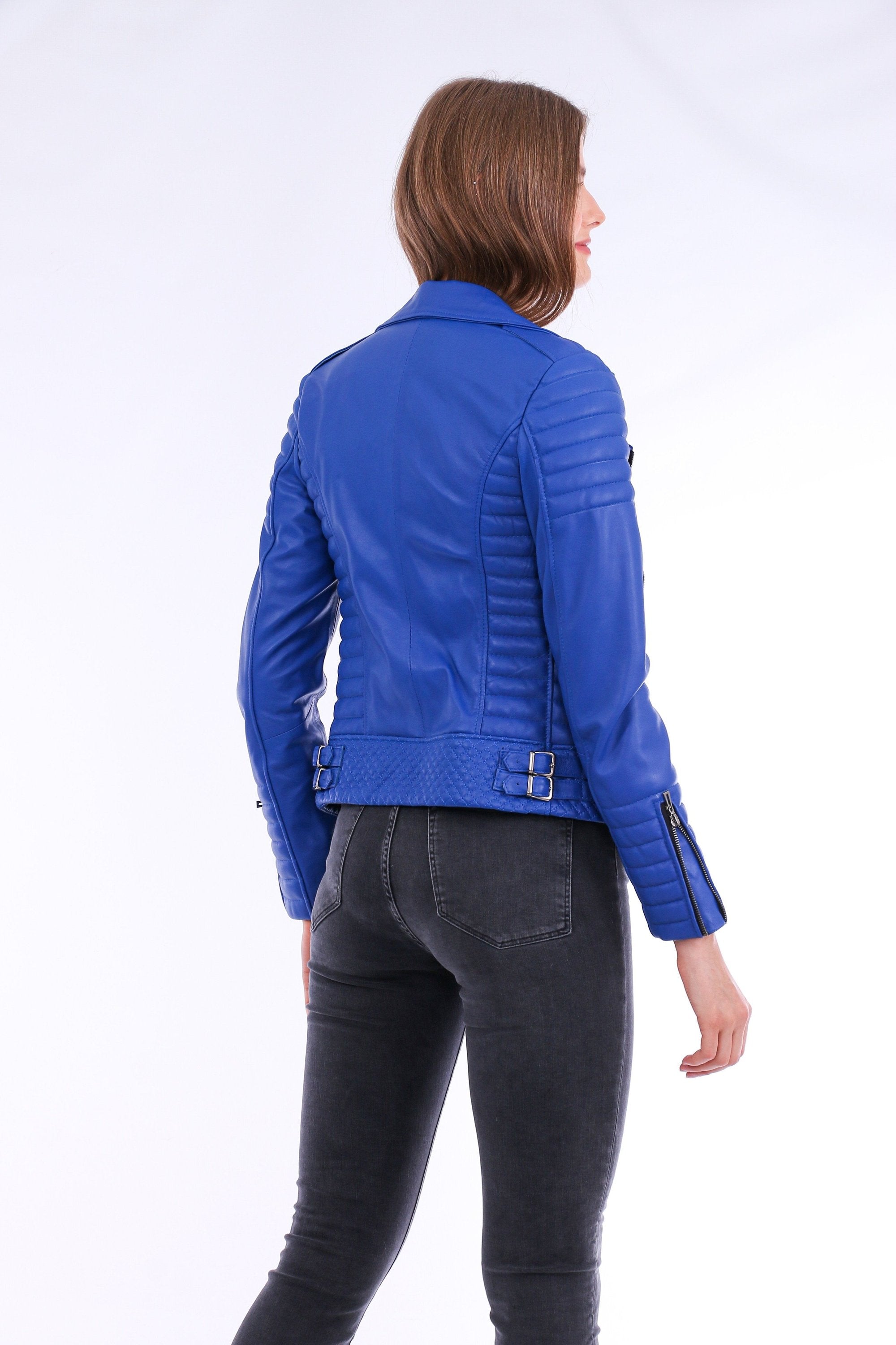 Blue Milani Quilted Leather Biker Jacket by Sangria Iapetus, featuring quilted details and a classic biker style.