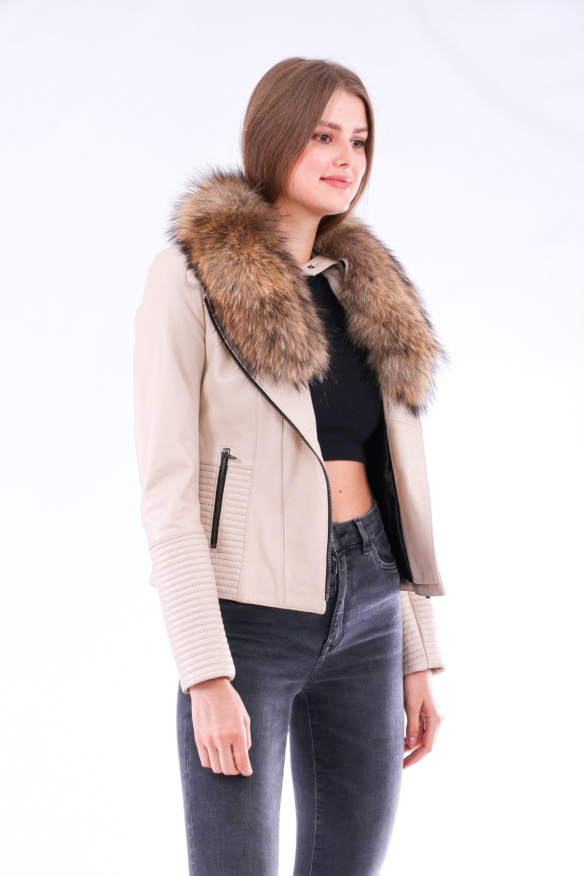 White Ravenna leather biker jacket by Sangria Iapetus, showcasing its stylish design and high-quality leather finish.