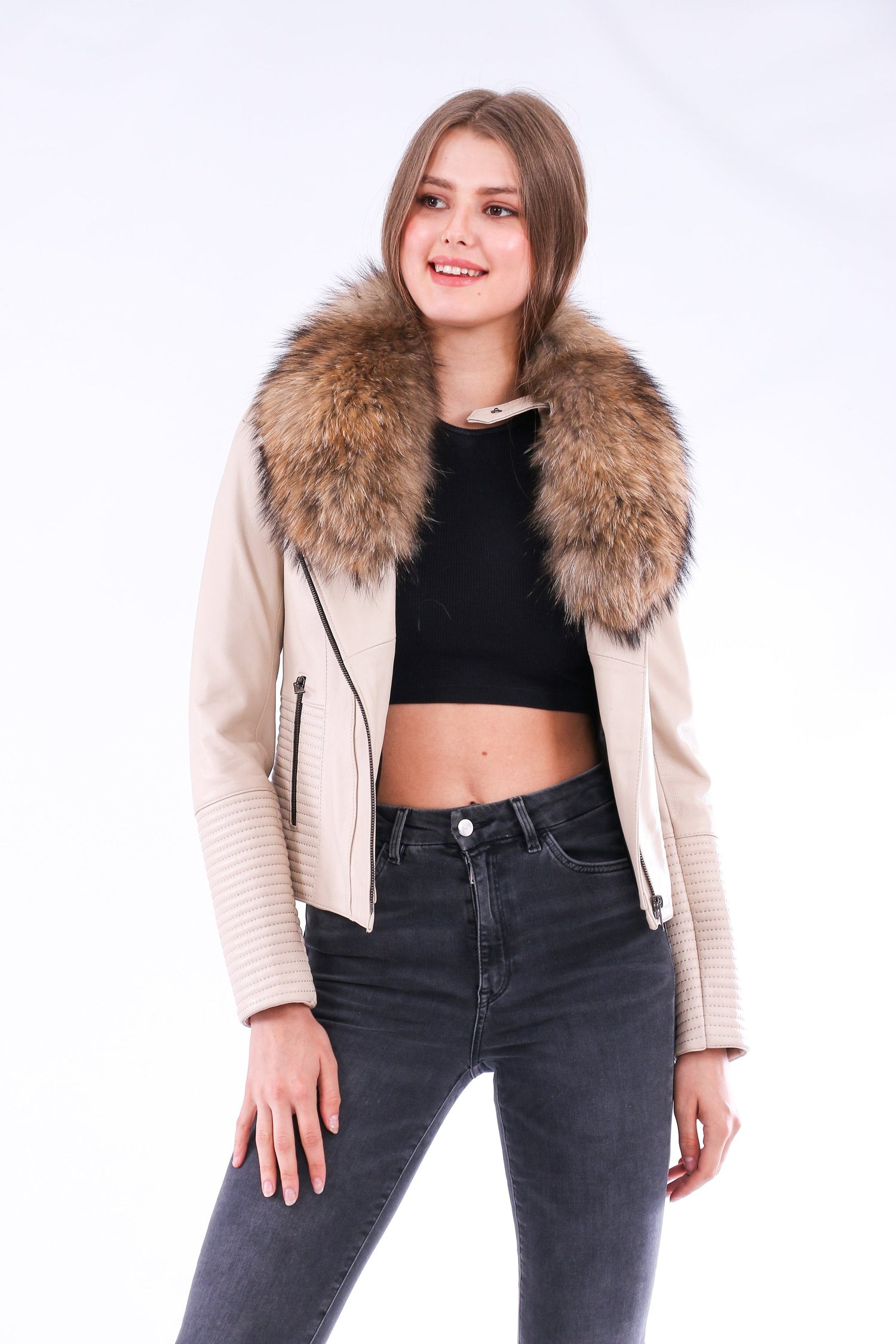 White Ravenna leather biker jacket by Sangria Iapetus, featuring classic design and detailed stitching.
