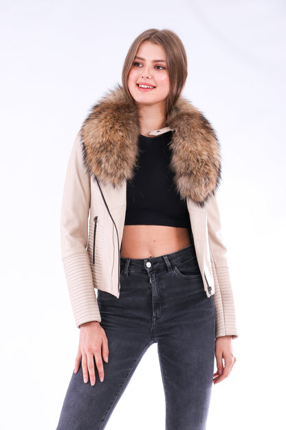 White Ravenna leather biker jacket by Sangria Iapetus, featuring classic design and detailed stitching.