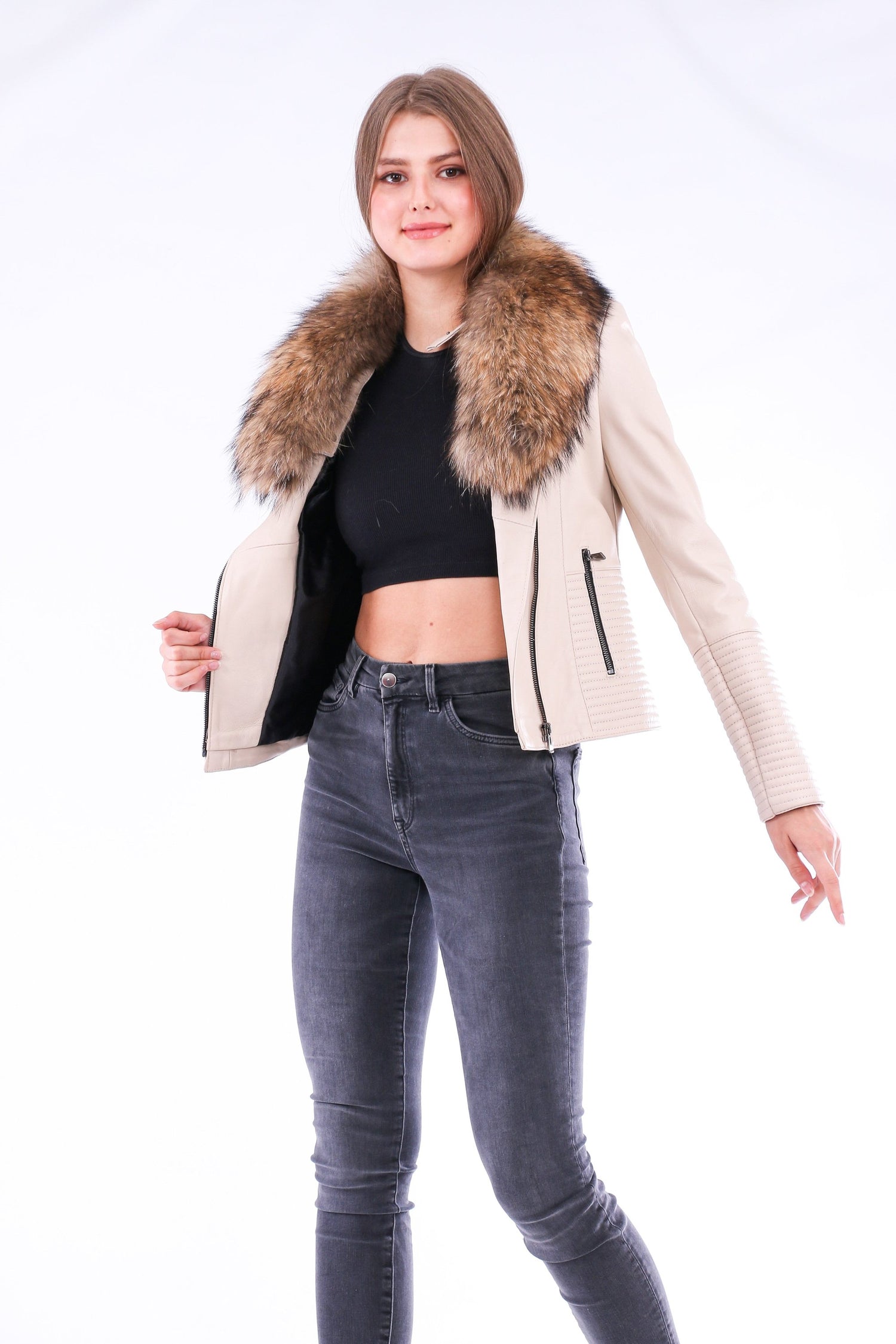 White Ravenna leather biker jacket by Sangria Iapetus, featuring a sleek design with silver hardware and classic biker style.