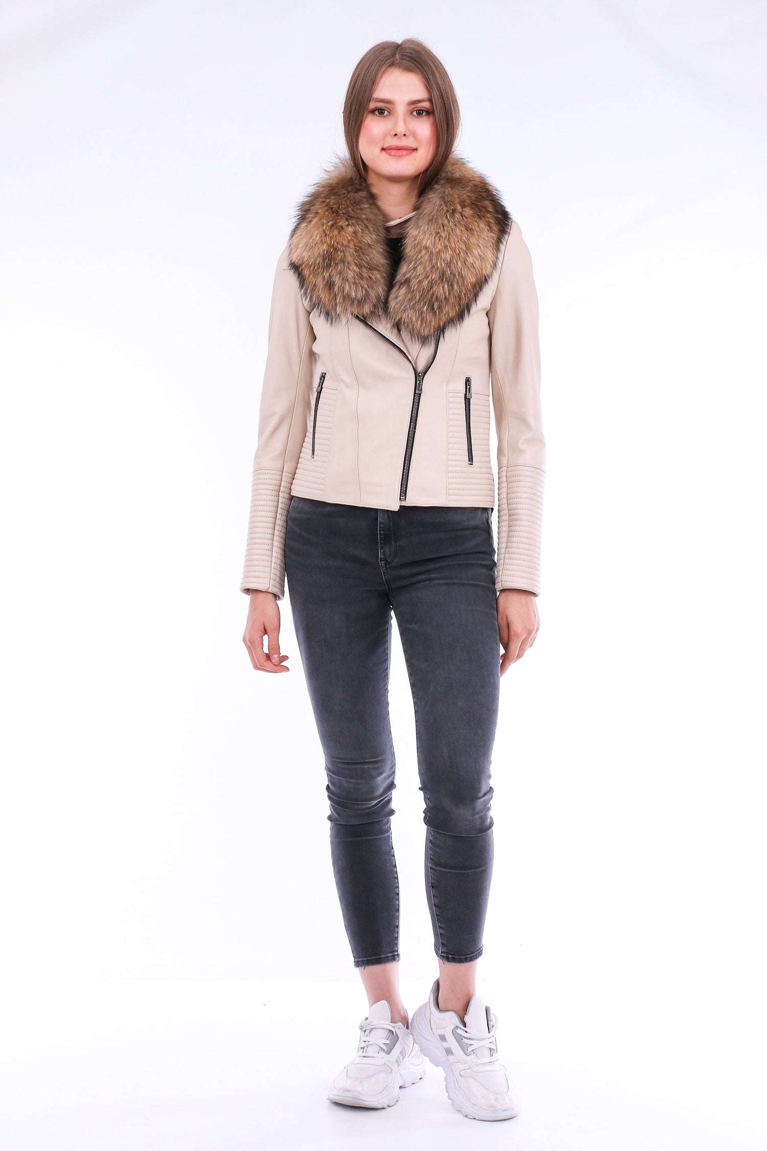 White Ravenna leather biker jacket by Sangria Iapetus, featuring classic biker design and detailed stitching.