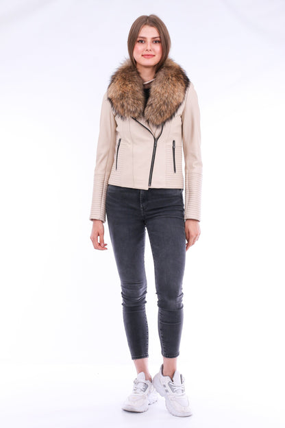 White Ravenna leather biker jacket by Sangria Iapetus, featuring classic biker design and detailed stitching.