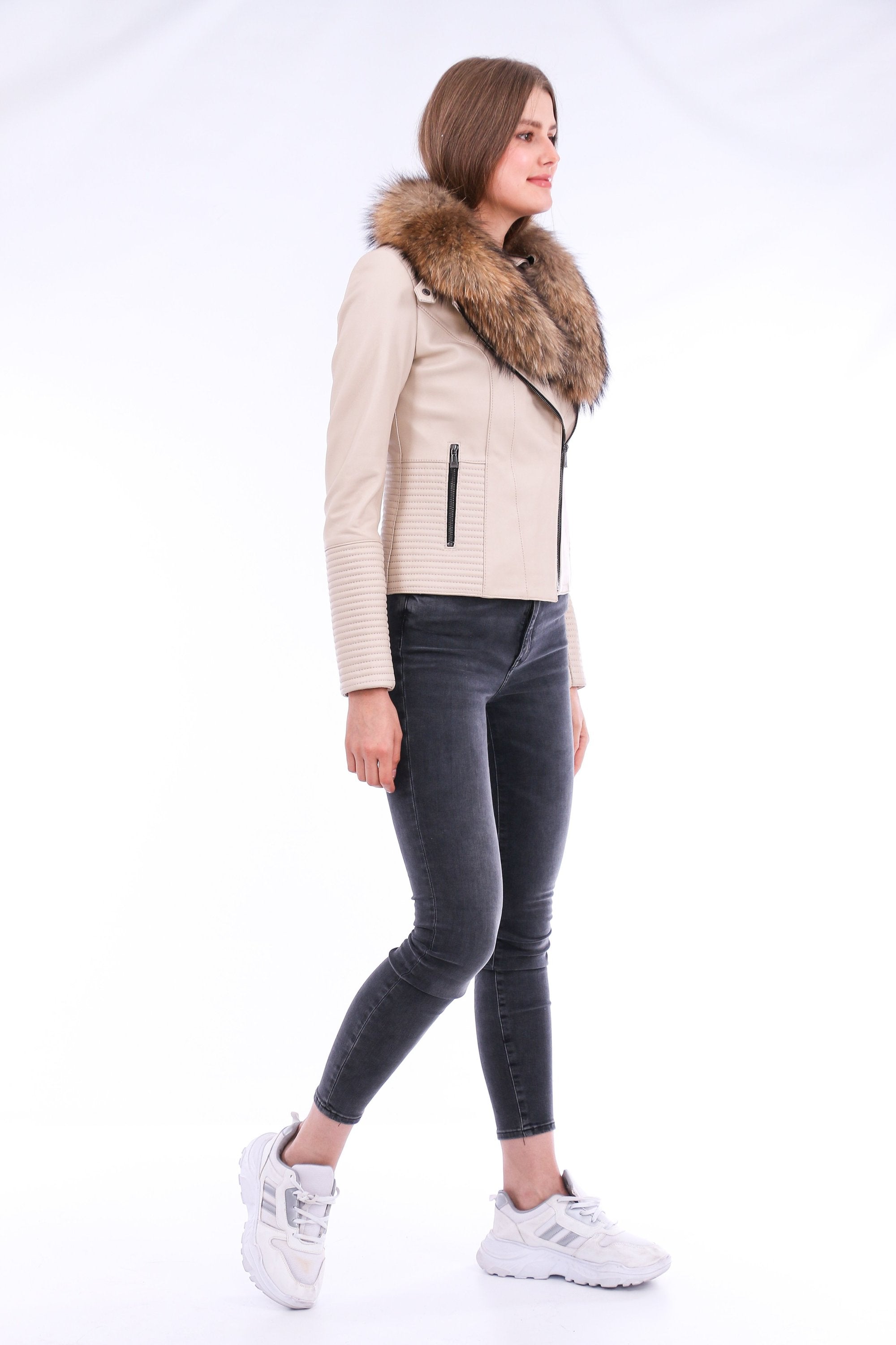 White Ravenna leather biker jacket by Sangria Iapetus, featuring classic design and detailed stitching.
