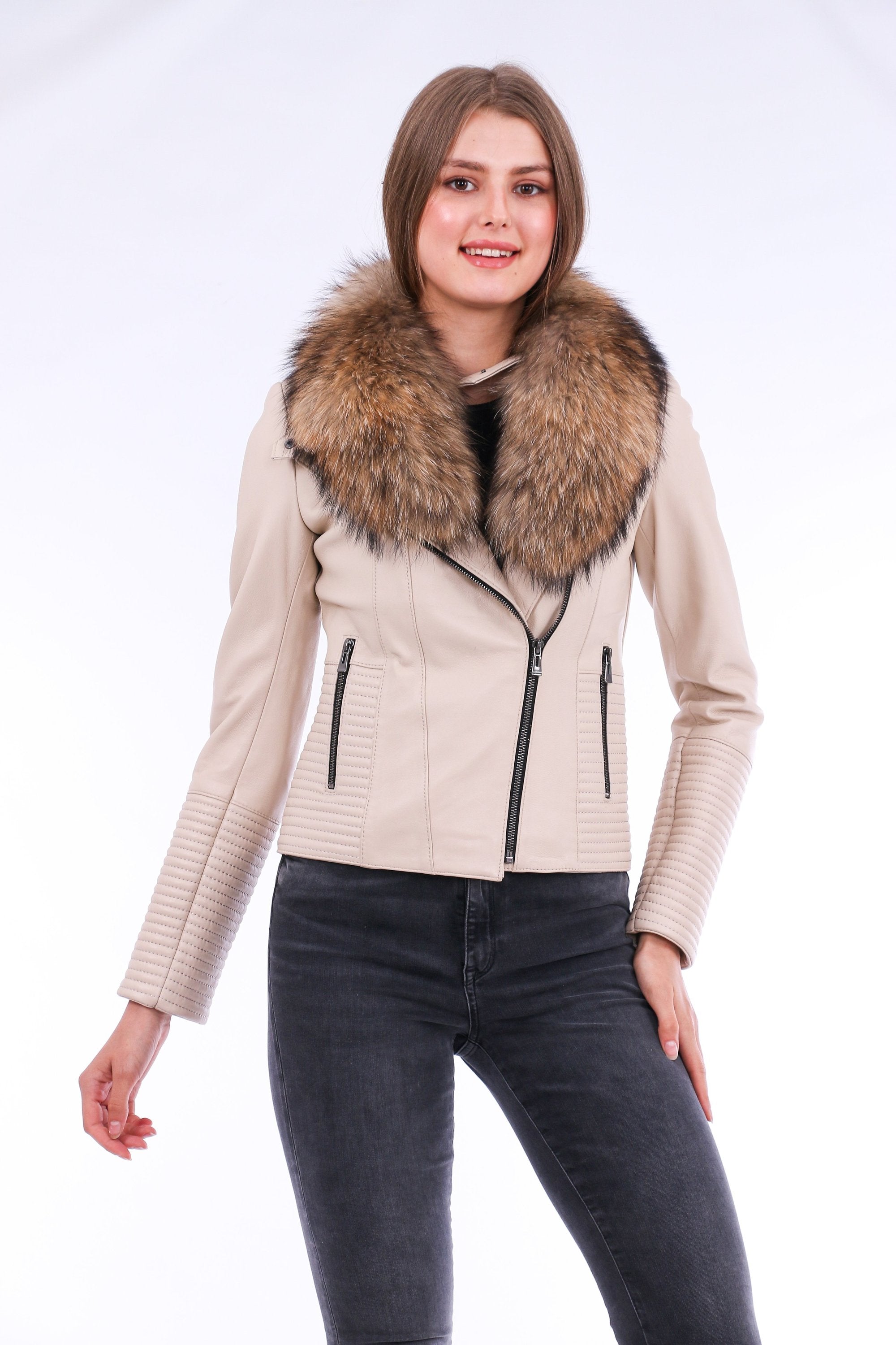 White Ravenna leather biker jacket by Sangria Iapetus, featuring classic design with silver hardware and quilted details.