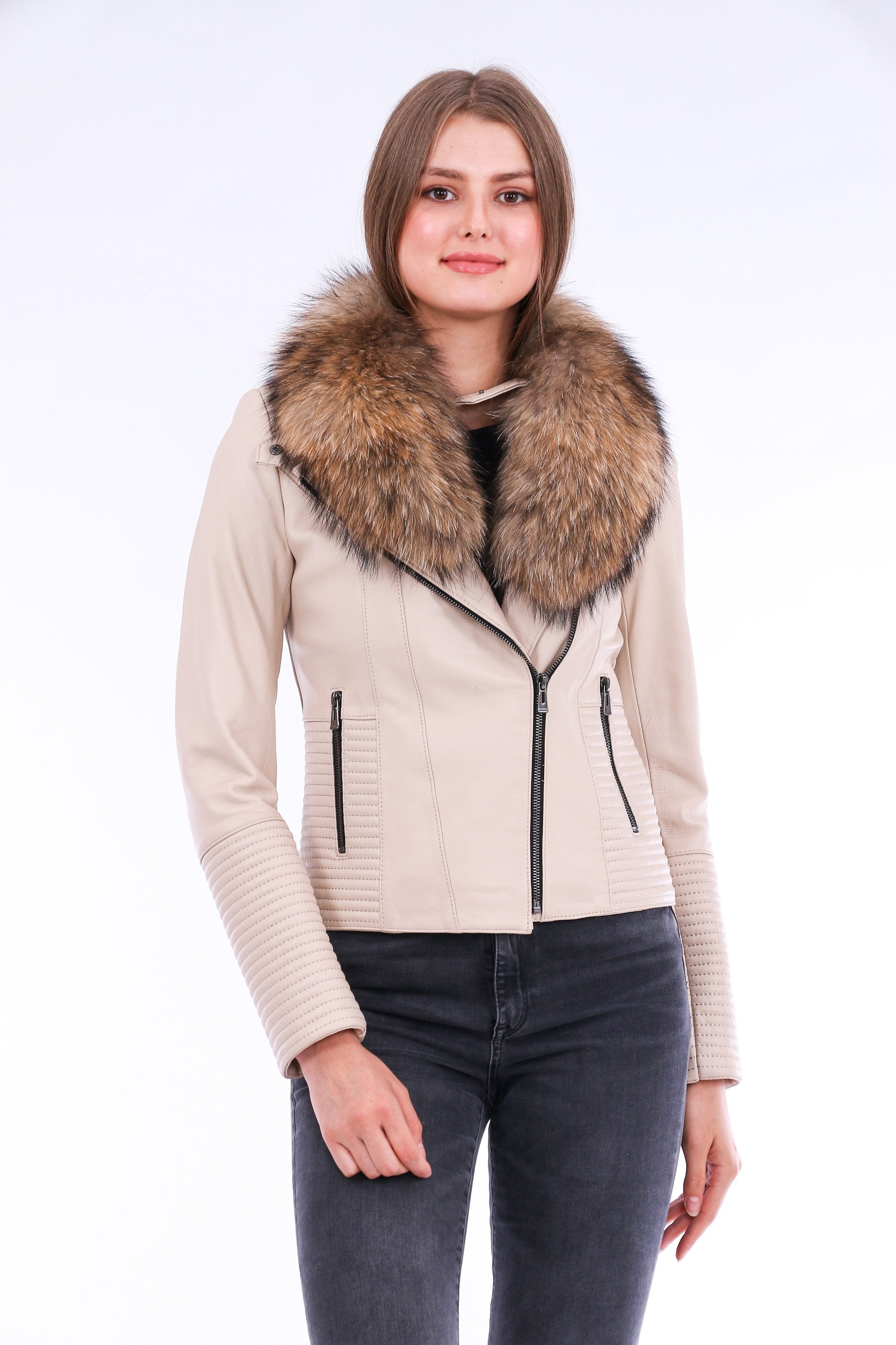 White Ravenna leather biker jacket by Sangria Iapetus featuring classic biker style and detailed stitching.