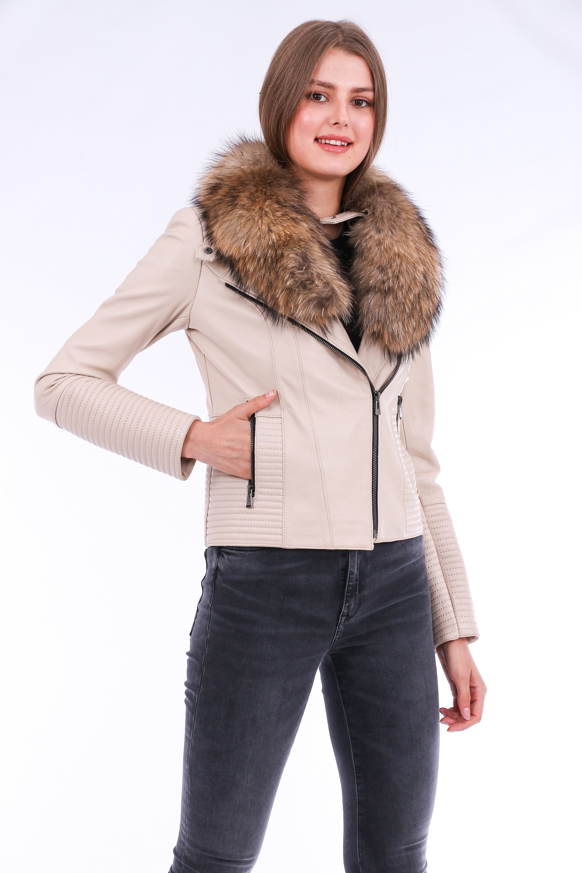 White Ravenna leather biker jacket by Sangria Iapetus, featuring classic design and silver hardware, displayed on a hanger.