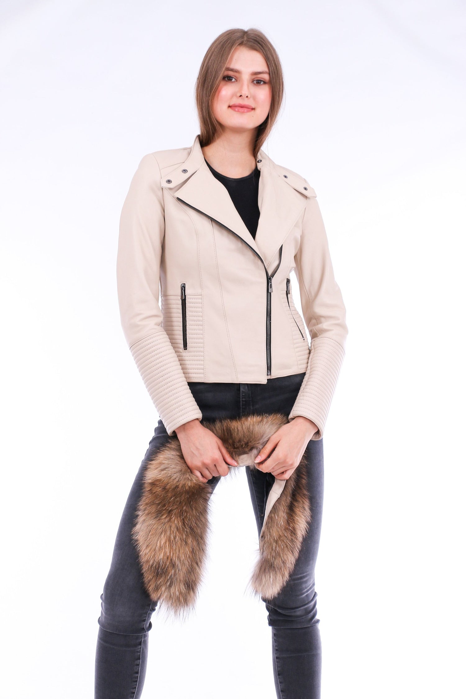 White Ravenna leather biker jacket by Sangria Iapetus, shown on a hanger with detailed stitching and classic biker style.