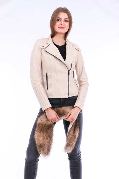 White Ravenna leather biker jacket by Sangria Iapetus, shown on a hanger with detailed stitching and classic biker style.