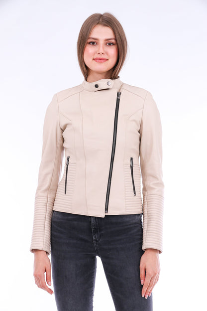White Ravenna Leather Biker Jacket by Sangria Iapetus with silver zippers and classic biker style, shown on a hanger.
