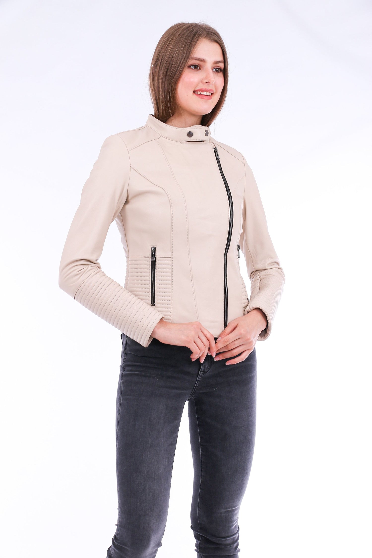 White Ravenna leather biker jacket by Sangria Iapetus, featuring classic design and detailed stitching on a stylish outerwear piece.