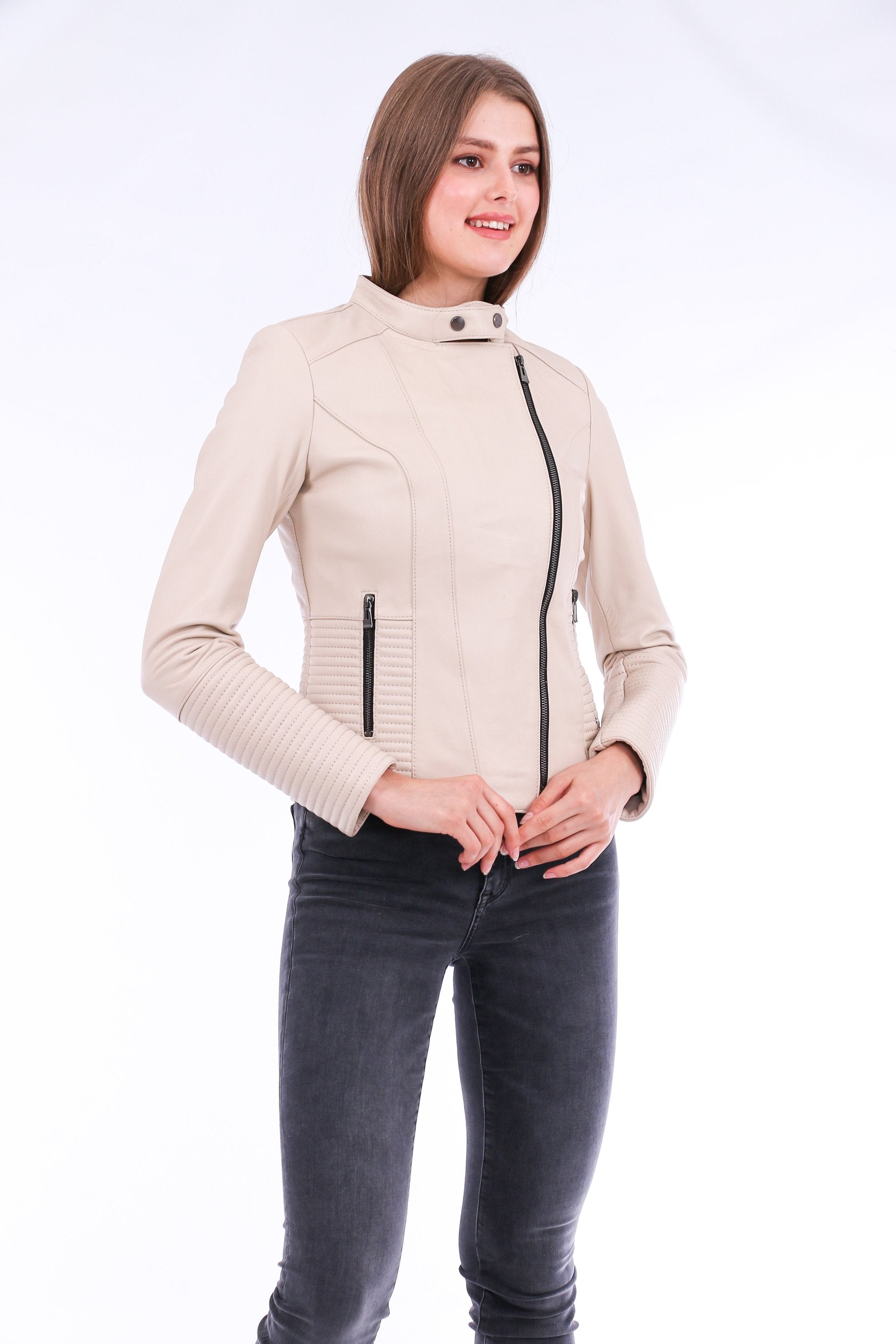 White Ravenna leather biker jacket by Sangria Iapetus, featuring classic design and detailed stitching on a stylish outerwear piece.